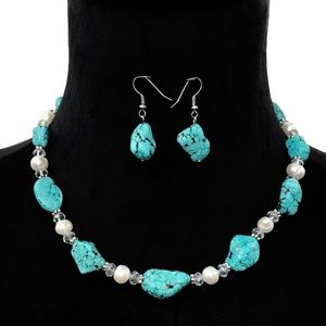Fresh Water Pearl & Turquoise Stone Necklace Earrings Set